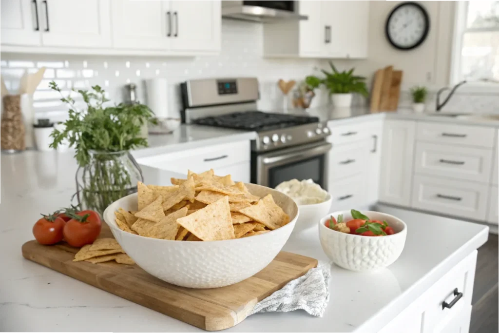 A bowl of Simply Organic White Cheddar Doritos placed on a white kitchen counter with the gluten-free label visible.