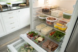 Glass containers filled with prepped meals in a refrigerator, emphasizing food organization and 24-hour storage benefits.