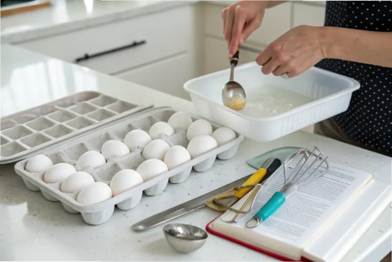 Cracked eggs in an ice cube tray on a white kitchen counter, showcasing the first step in proper egg freezing.