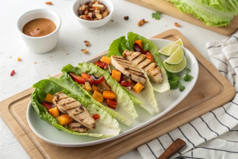 Homemade lettuce wraps with grilled chicken and vegetables on a wooden board in a cozy white kitchen.