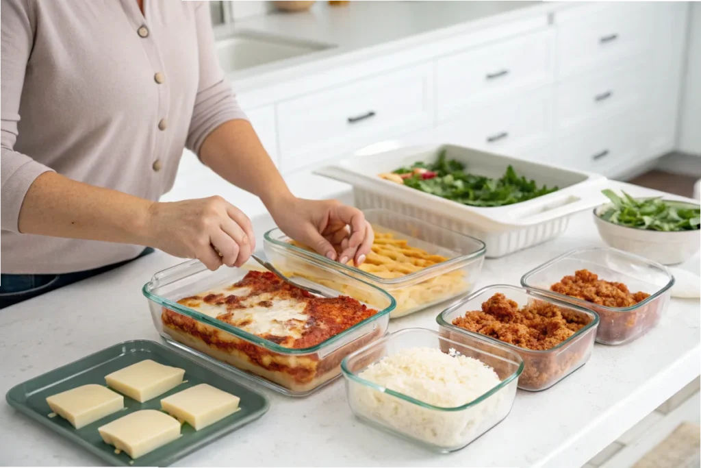 ortioned lasagna being stored in glass containers for 24-hour refrigeration in a clean white kitchen.