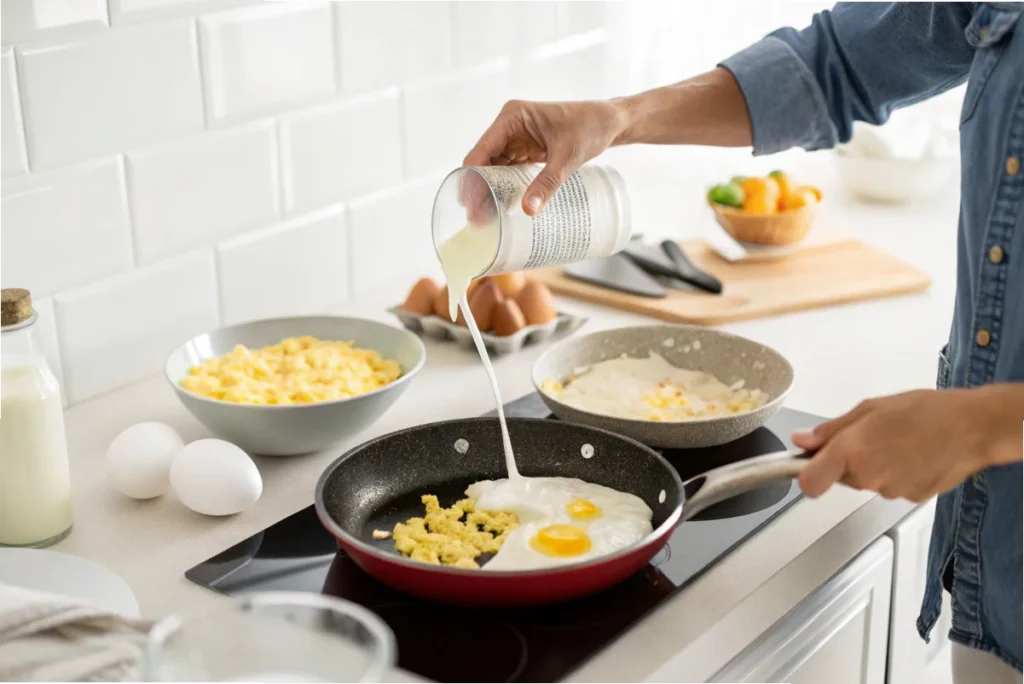 Pouring store-bought egg whites into a pan for cooking scrambled eggs in a white kitchen.