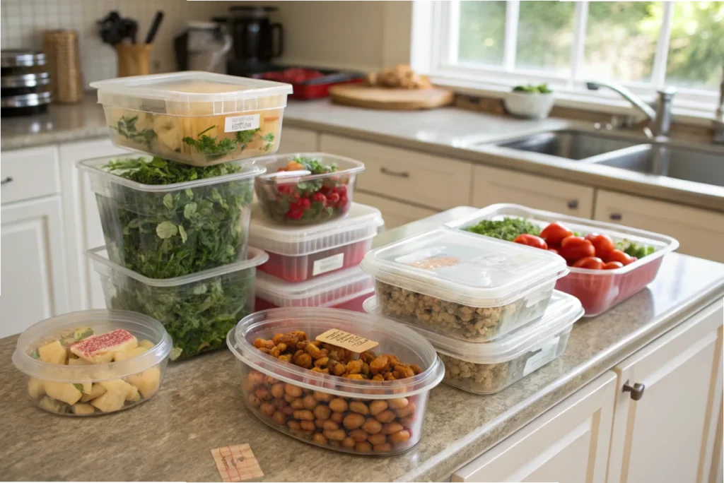 A variety of plastic food storage containers with prepped meals, fresh produce, and leafy greens on a clean kitchen counter.