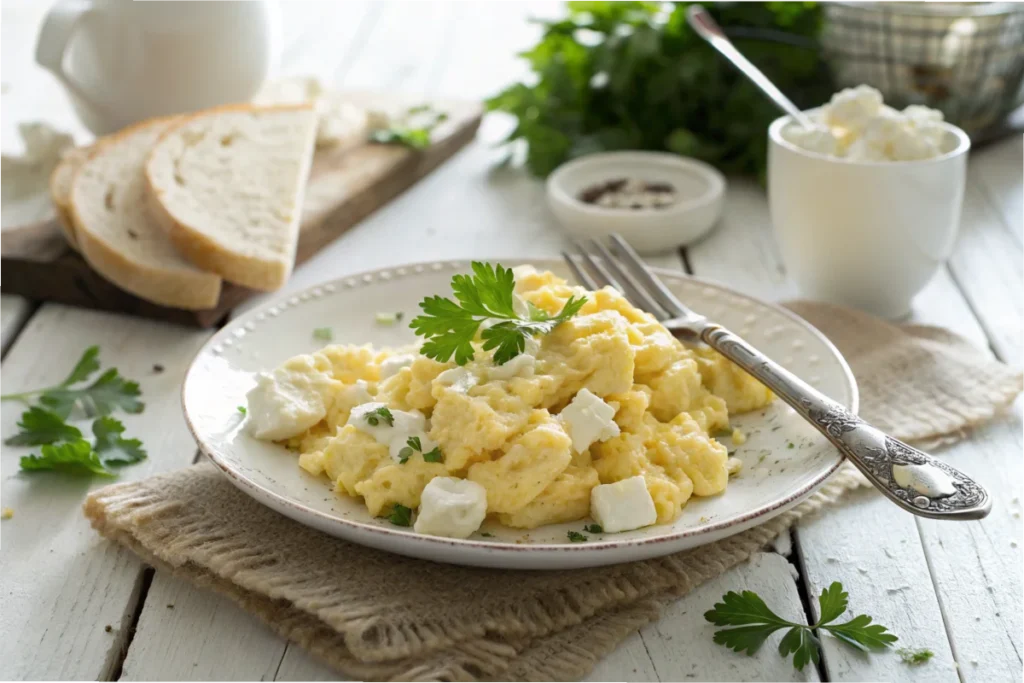 Fluffy scrambled eggs mixed with cottage cheese served on a plate with fresh parsley in a bright white kitchen.