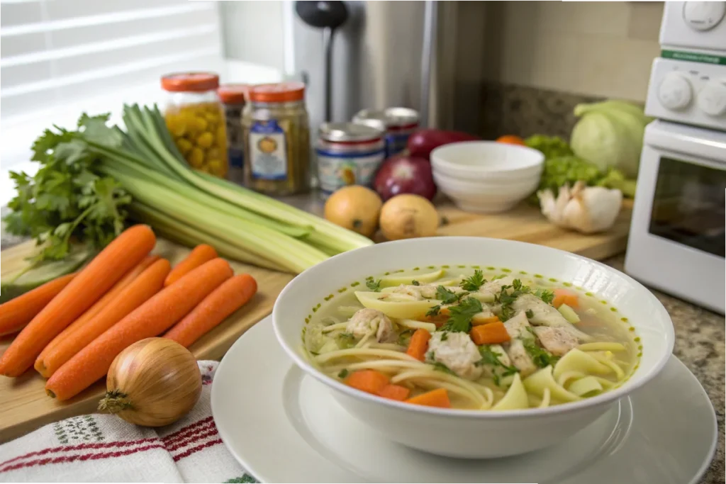 Chicken noodle soup with fresh vegetables, highlighting meal prep and safe storage practices in a modern white kitchen.