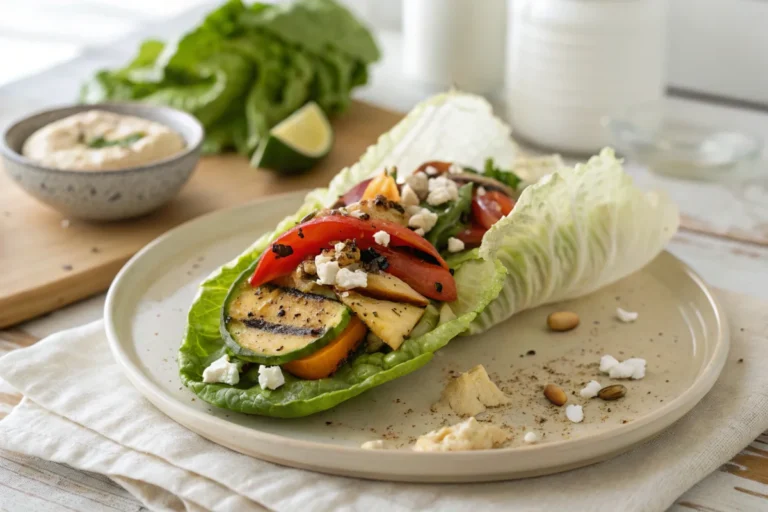 A colorful romaine lettuce wrap with grilled vegetables, hummus, and feta on a ceramic plate in a bright white kitchen.