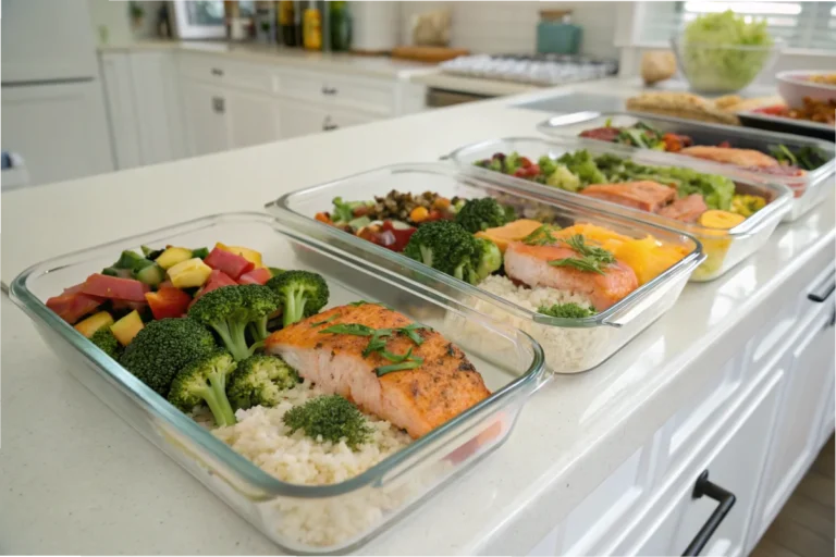 Glass containers with prepped meals including grilled salmon, broccoli, and rice in a bright white kitchen.