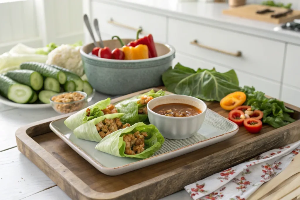 A tray of homemade lettuce wraps with dipping sauce and fresh vegetables on a rustic table in a bright white kitchen.