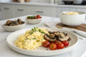 Creamy scrambled eggs with cottage cheese served with mushrooms and tomatoes in a white kitchen.