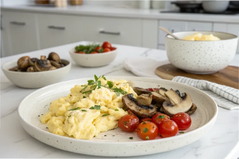 Creamy scrambled eggs with cottage cheese served with mushrooms and tomatoes in a white kitchen.