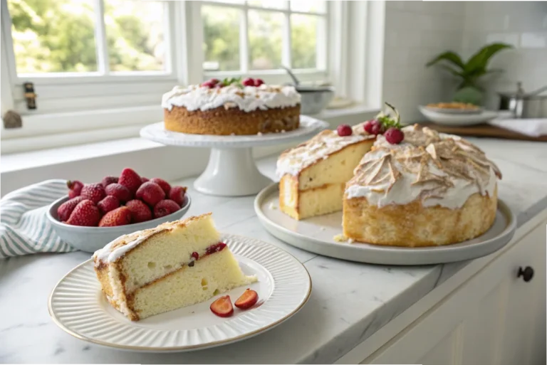 A collapsed tres leches cake next to a perfectly baked one on a white kitchen counter, illustrating common baking challenges.