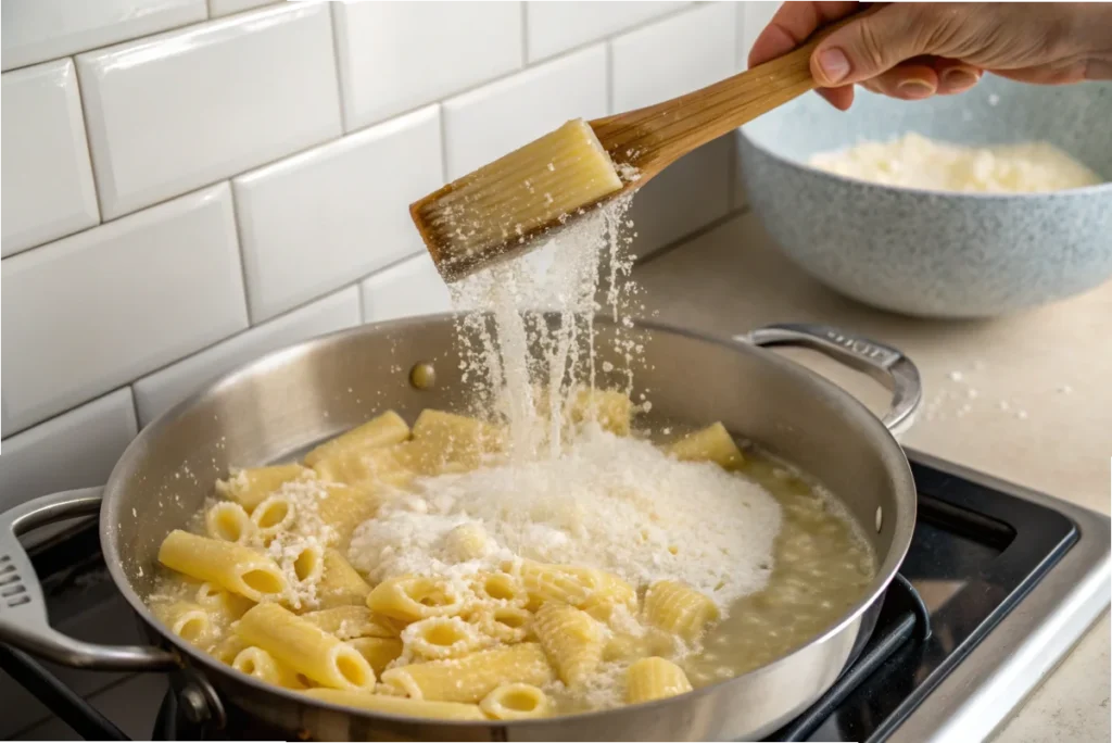 Toasting black pepper, a step in physicists' recipe for Cacio e Pepe, in a modern white kitchen.