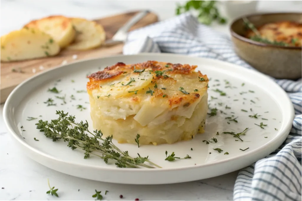  A serving of creamy, golden-brown potato gratin garnished with herbs on a white plate in a white kitchen setting.