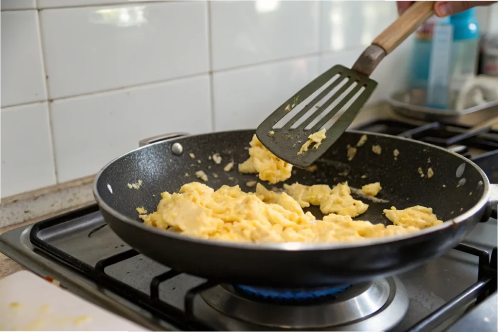 A skillet with scrambled eggs being gently stirred on a stovetop in a white kitchen.