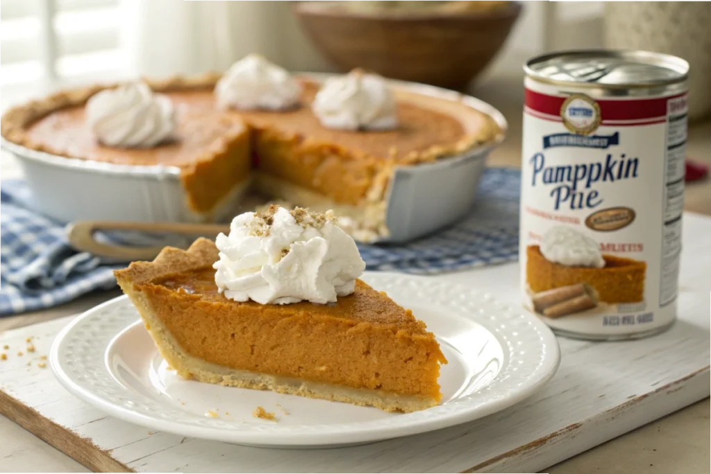 A slice of pumpkin pie topped with whipped cream, with evaporated milk in the background, highlighting its use in desserts.