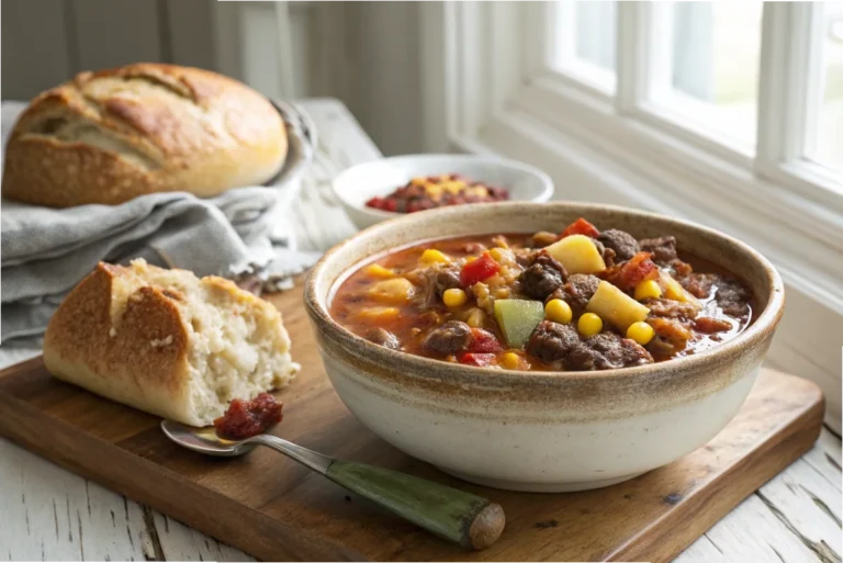 A steaming bowl of cowboy soup filled with beef, beans, potatoes, and corn, served in a rustic ceramic bowl on a wooden countertop in a white kitchen.