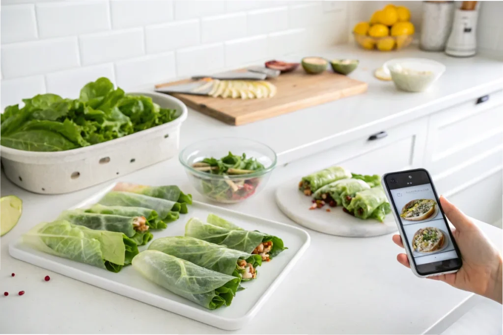 A step-by-step image showing lettuce leaves filled and wrapped on a clean white kitchen counter.