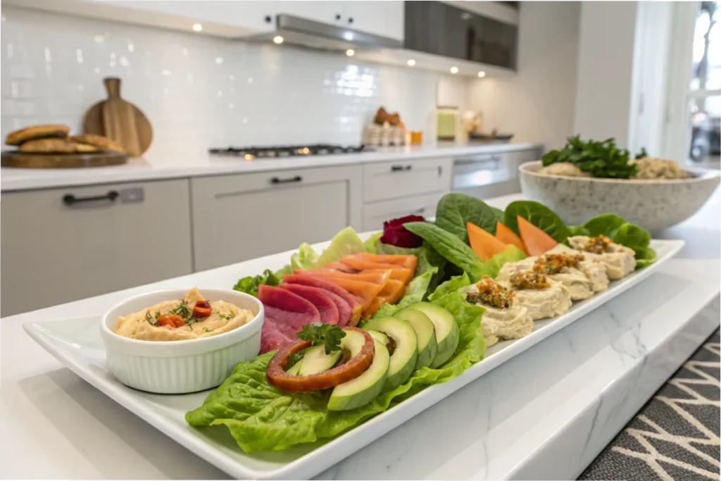 A step-by-step image showing lettuce leaves filled and wrapped on a clean white kitchen counter.