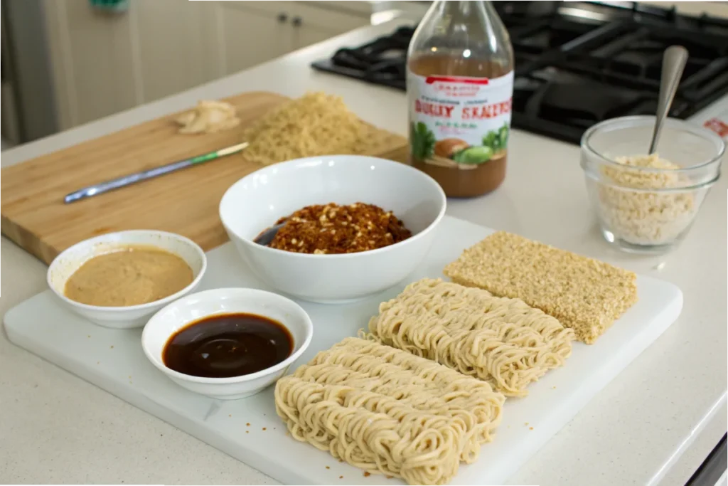 Peanut butter and noodle ingredients arranged for a step-by-step recipe in a bright white kitchen, showcasing TikTok noodle tips.