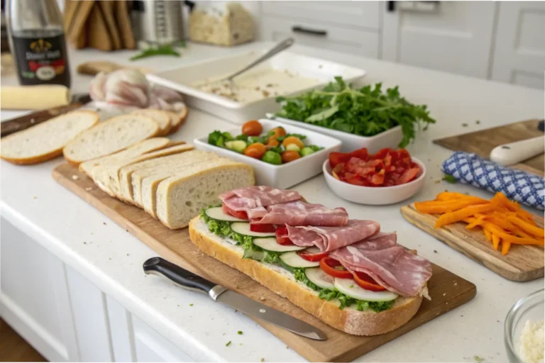 Ingredients for a Jersey Mike’s gluten-free sub being prepared in a spotless white kitchen.