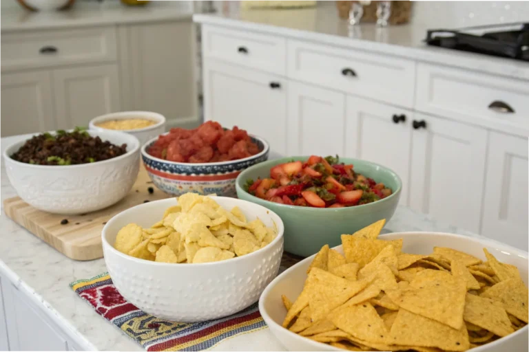 A variety of gluten-free chips, including Doritos, Popchips, and Late July Chips, displayed on a table in a white kitchen.