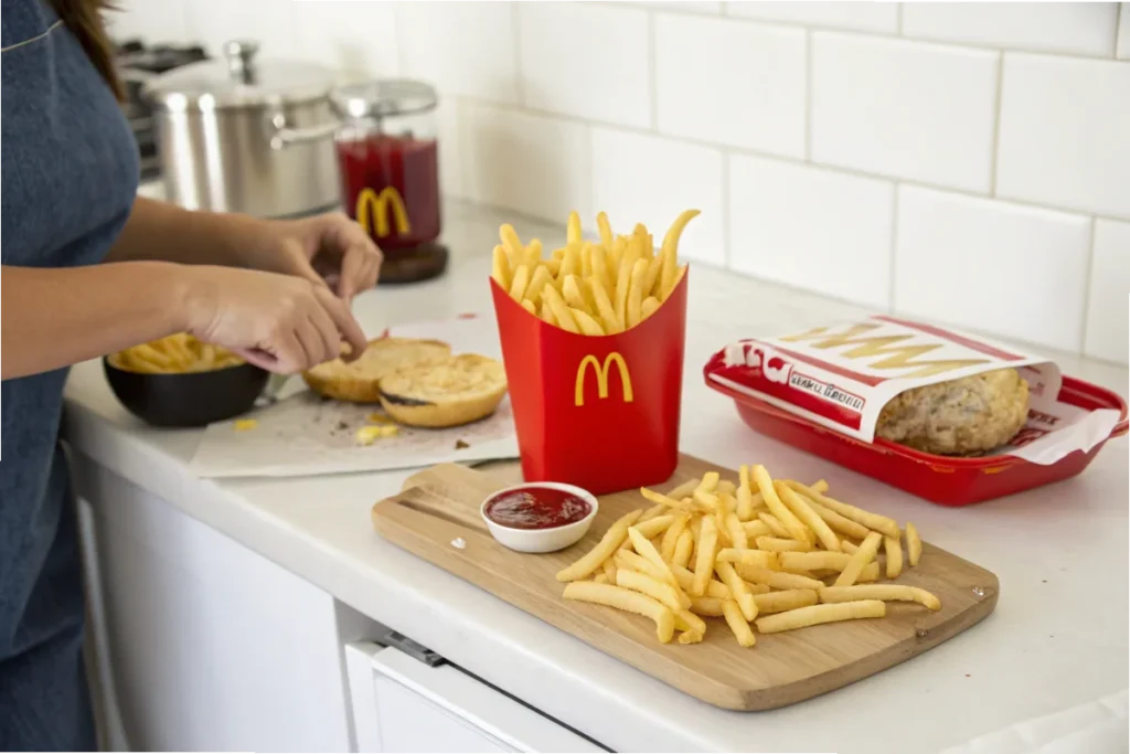 McDonald’s iconic red fry container filled with golden fries, placed on a table in a white kitchen.