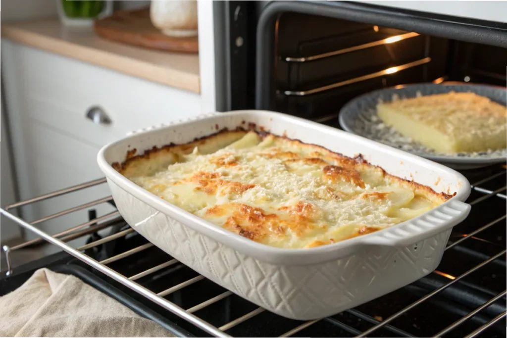 A potato gratin dish being reheated in the oven, sprinkled with fresh cheese, in a white kitchen setting.