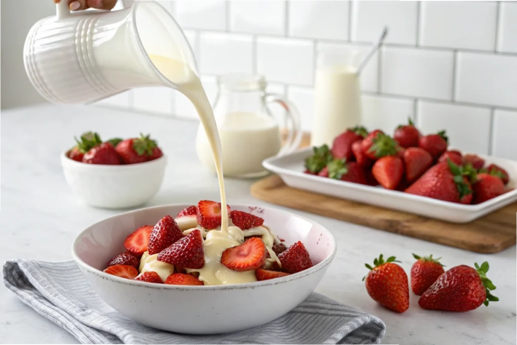 Thick condensed milk drizzling over fresh strawberries in a bowl, showing its sweet and creamy texture in desserts.