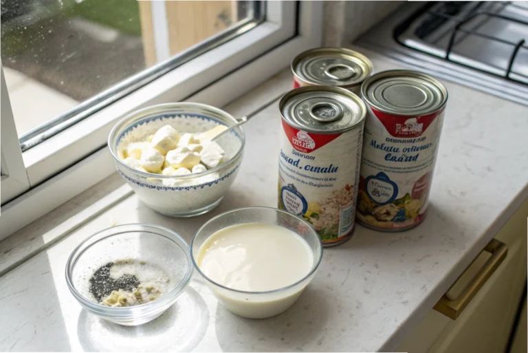 Evaporated milk and condensed milk in cans with small glass bowls showing their textures, placed on a white kitchen counter.