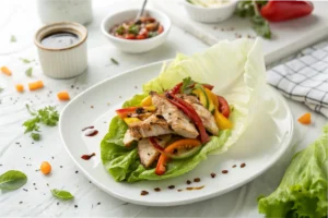 A vibrant lettuce wrap filled with grilled chicken, veggies, and sauce on a white plate in a bright white kitchen.