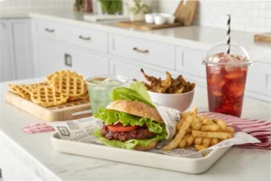 A gluten-free burger wrapped in lettuce with crispy waffle fries and a soda, served on a clean, white kitchen countertop.