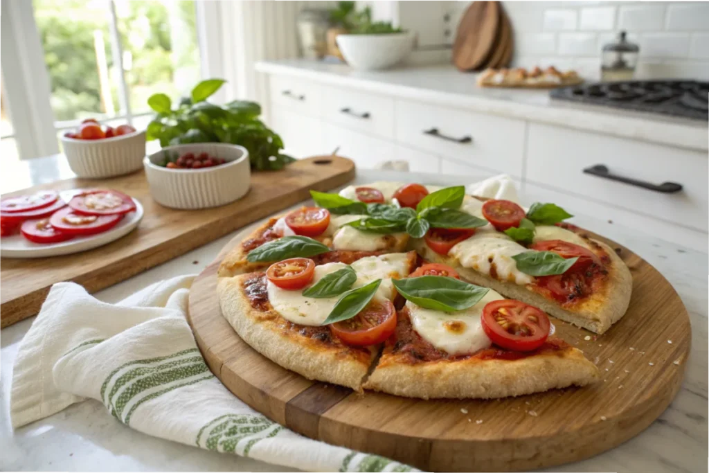 A gluten-free pizza with fresh toppings like tomatoes, basil, and mozzarella, placed on a wooden board in a modern white kitchen.