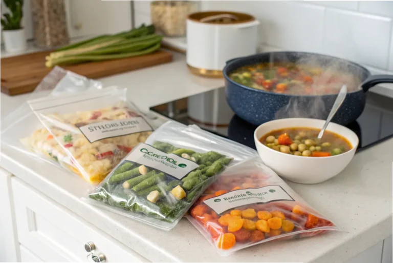 Vacuum-sealed bag with fresh vegetables on a white kitchen counter, with a microwave in the background.