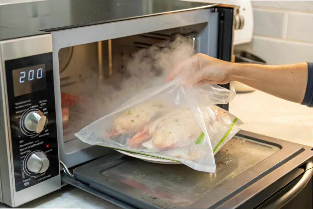 Glass microwave-safe containers filled with food on a white counter, next to labeled vacuum-sealed bags for safe reheating.