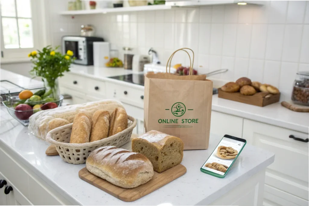 Packaged 647 bread loaves next to a shopping bag and a phone displaying an online grocery store in a clean white kitchen.