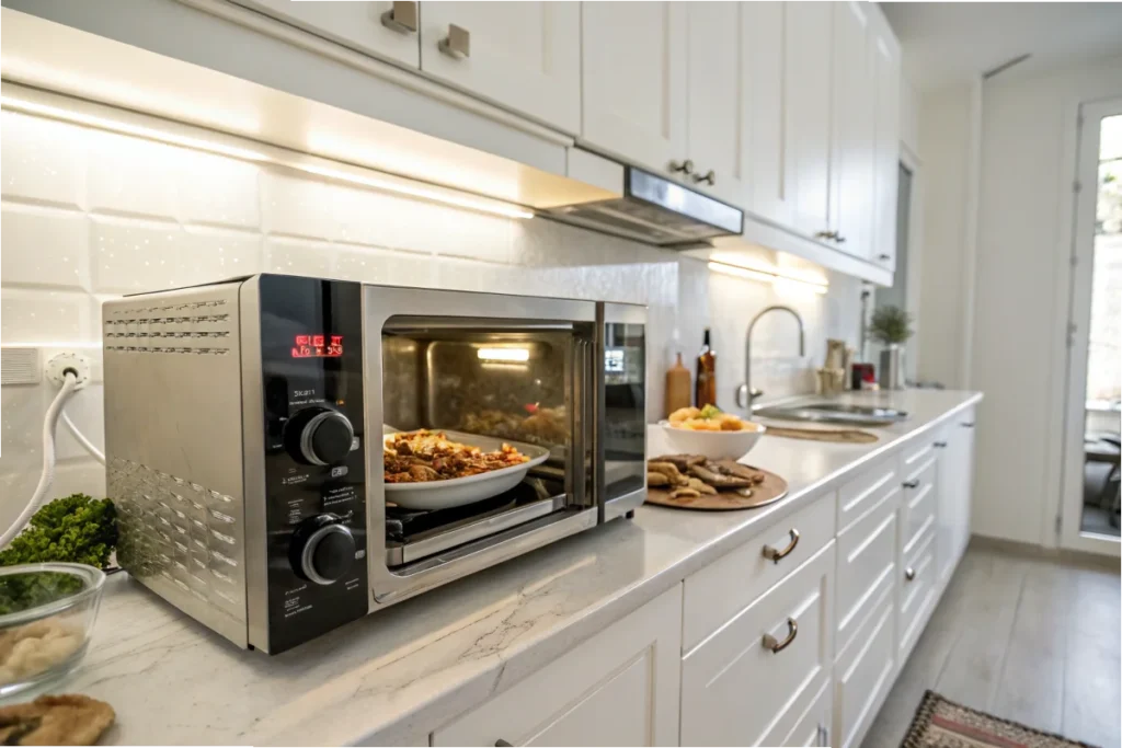 Microwave reheating a bowl of soup with steam rising, illustrating safe practices for enjoying stored food.