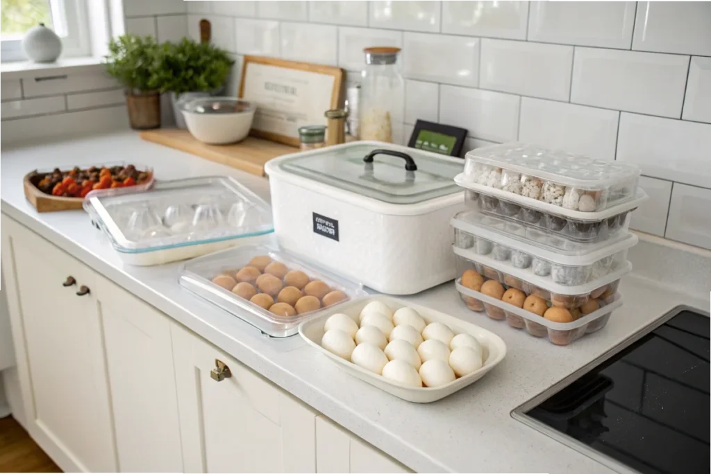 Freezer-safe containers and ice cube trays filled with eggs, arranged neatly for efficient storage.