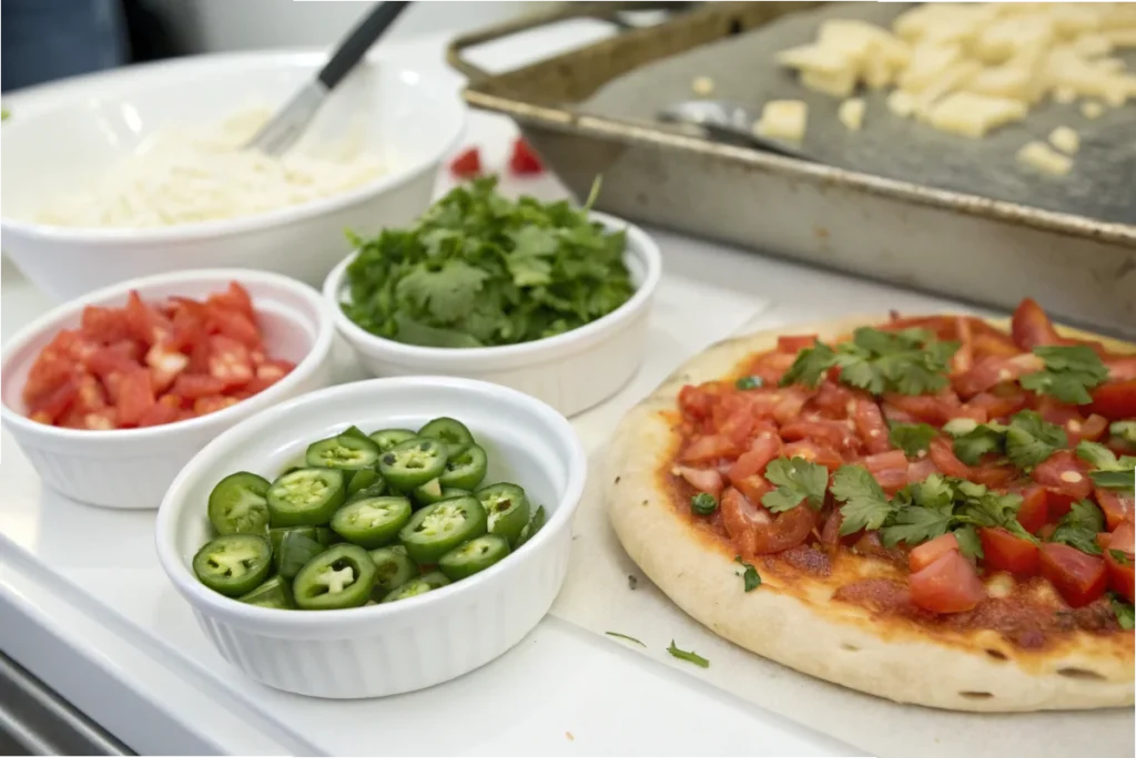 Fresh toppings like jalapeños, tomatoes, and cilantro in bowls on a white countertop, ready for a fiestada pizza.