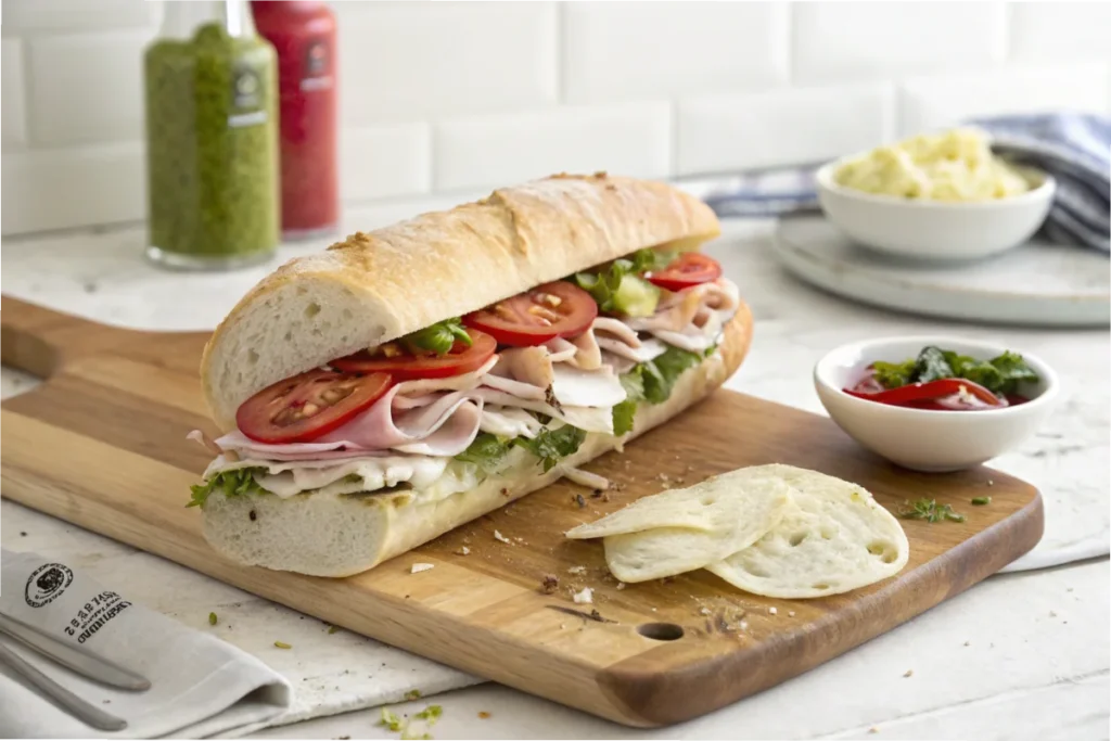 A turkey and provolone gluten-free sub sandwich prepared with Udi’s bread in a white kitchen.