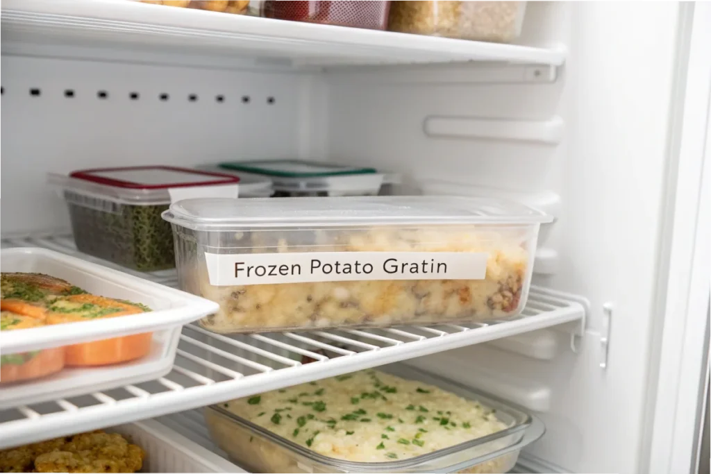 A labeled container of frozen potato gratin stored neatly on a freezer shelf in a home kitchen with white decor.