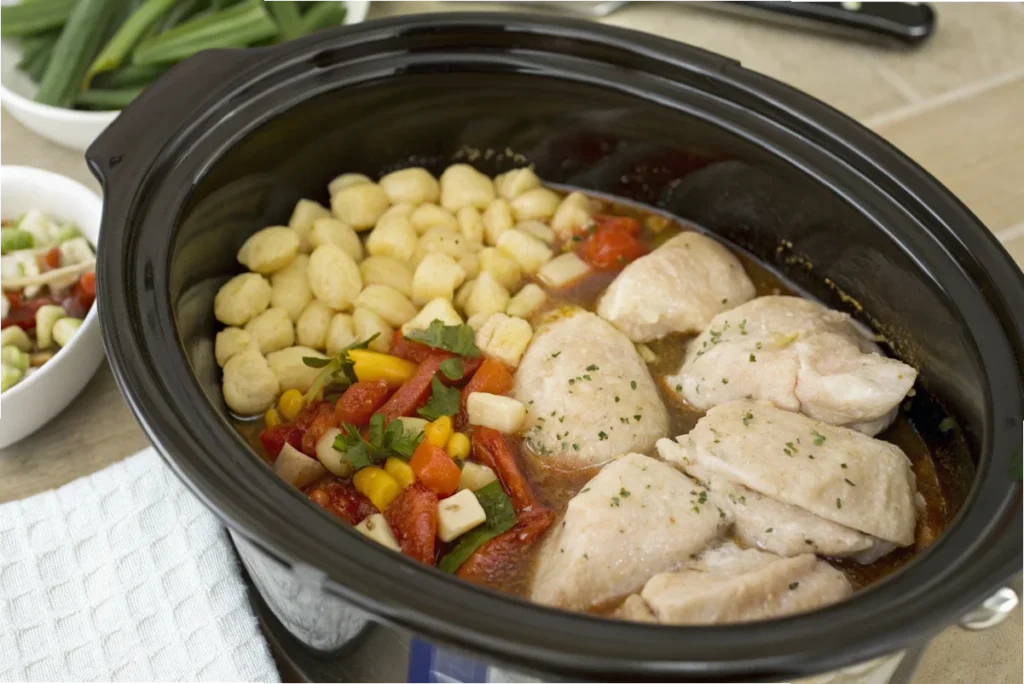 Overhead shot of a crockpot with raw ingredients for chicken and gnocchi.