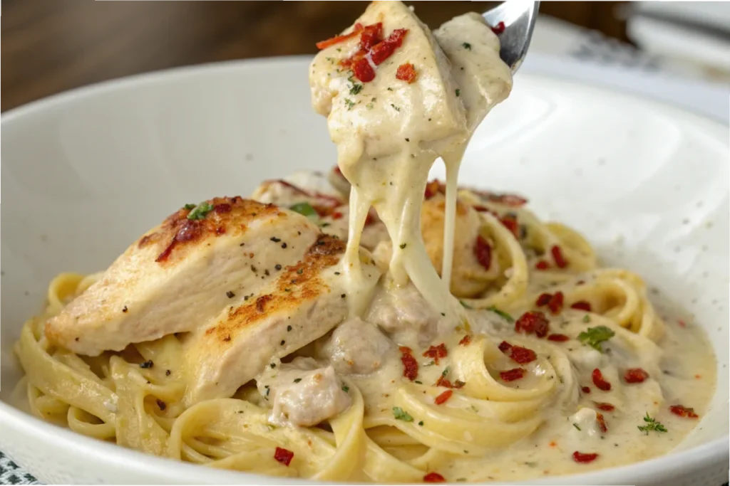 A close-up of Marry Me Chicken Pasta with creamy sauce, chicken, and red pepper flakes in a white bowl.