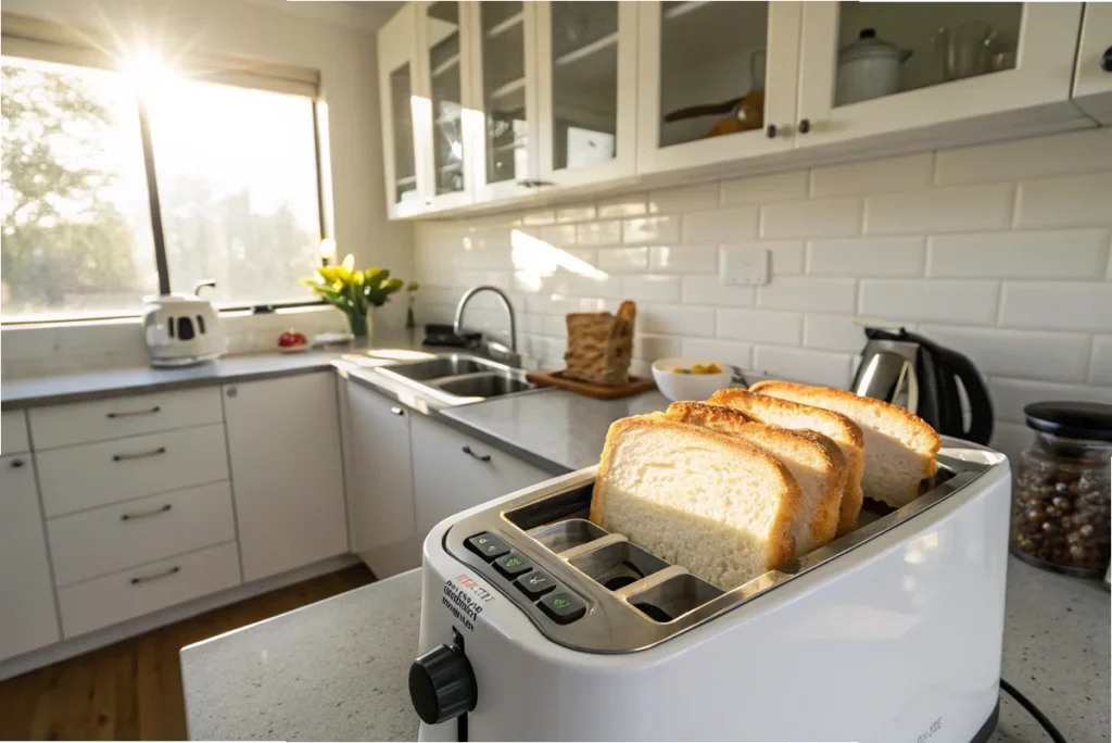 647 bread slices in a toaster with steam rising, set in a bright white kitchen.