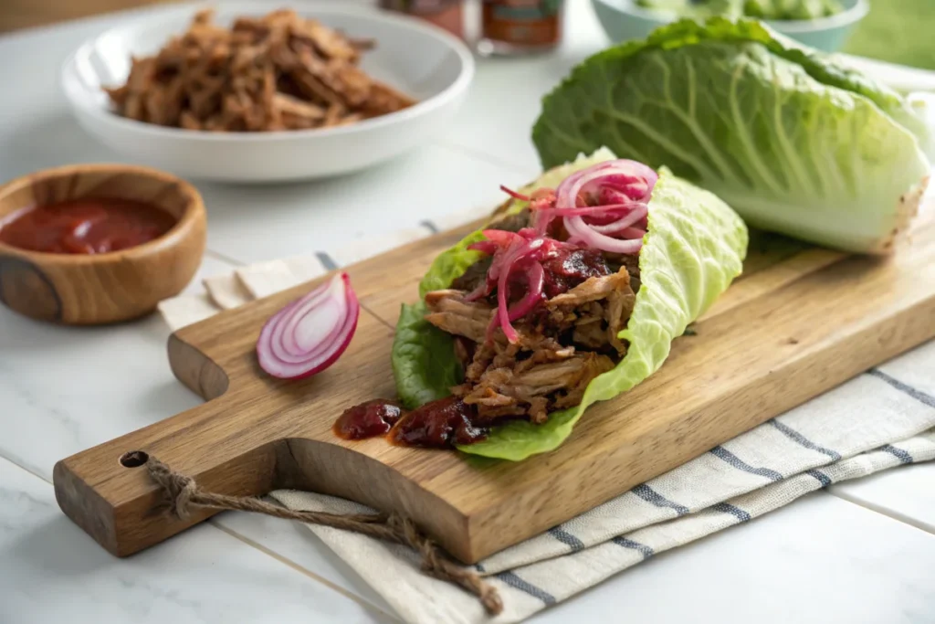 A cabbage wrap filled with pulled pork, pickled onions, and BBQ sauce on a cutting board in a white kitchen.