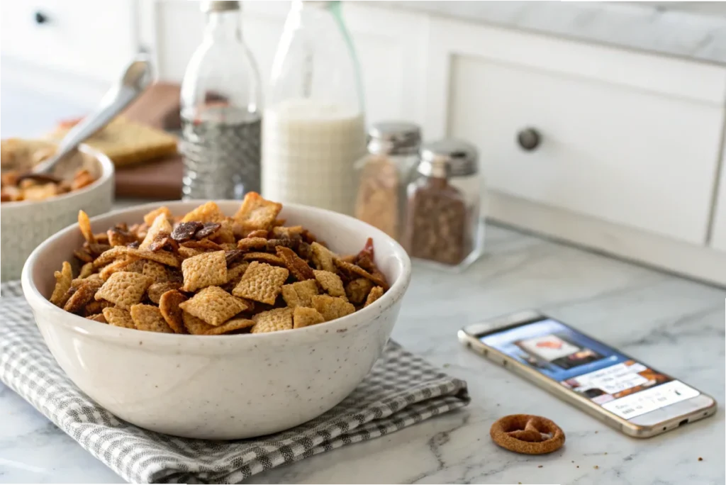 Family enjoying oven-baked Chex Mix together in a bright white kitchen, showcasing the perfect party snack.