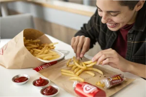 A basket of freshly cooked, golden-brown fries in a white kitchen showcasing their simplicity and gluten-free preparation.