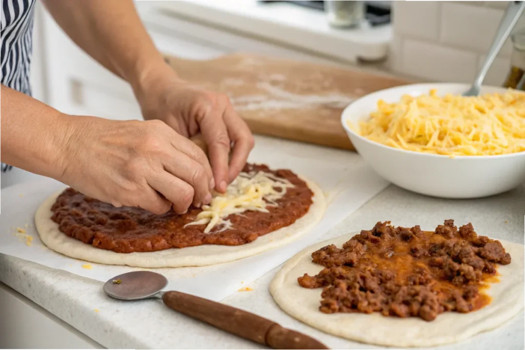 A person spreading refried beans on pizza dough with taco-seasoned beef and shredded cheese in a white kitchen.