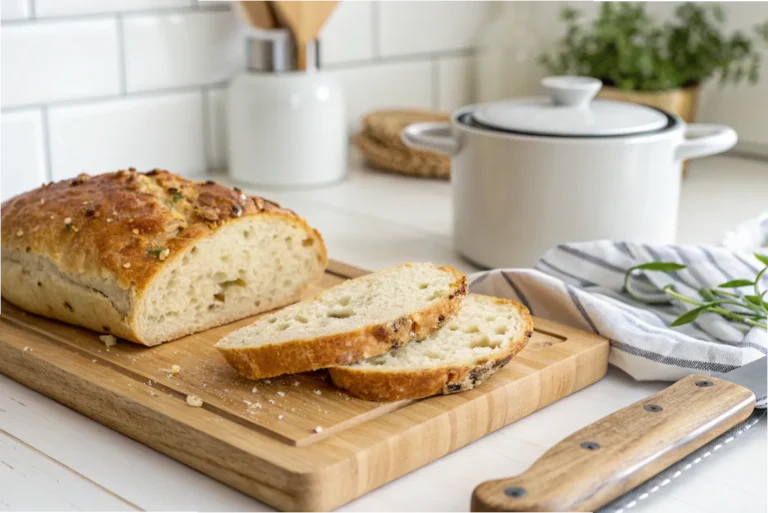 A close-up view of 647 bread slice, showcasing its texture and crust in a bright white kitchen.