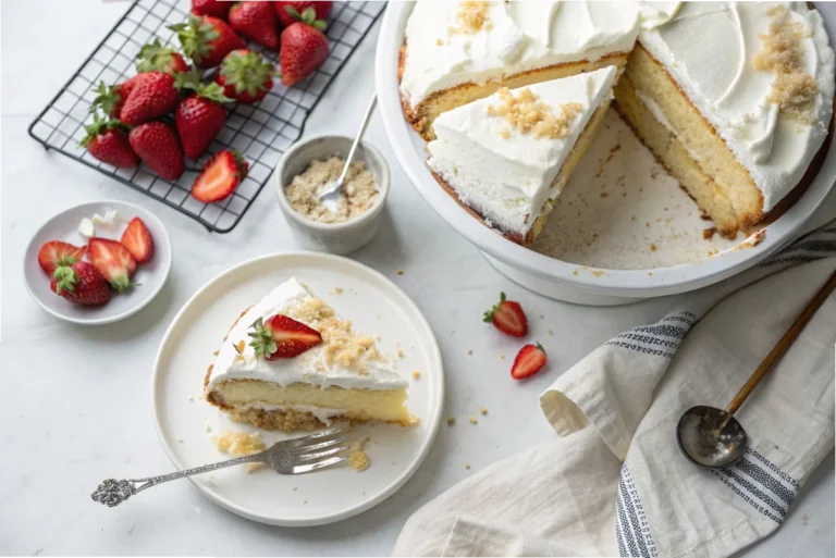 A fresh Tres Leches cake on a white plate in a bright white kitchen, illustrating the start of a Tres Leches storage guide. How long should Tres Leches be in the fridge