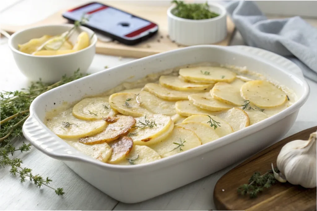 Thinly sliced potatoes in garlic cream sauce baking in a white casserole dish in a bright kitchen.